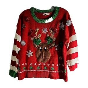 Its Our Time Red Holiday Sweater Womens XL Reindeer Appliqué & Sequins Christmas